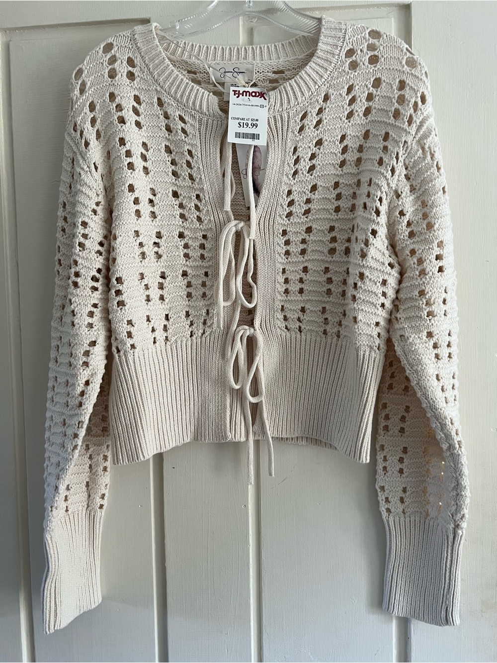 Jessica Simpson Cream Openwork Tie-Front Cropped Cardigan